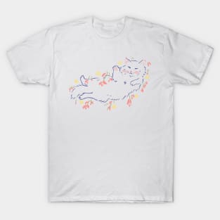 colorful fine line cat on grass with flowers T-Shirt